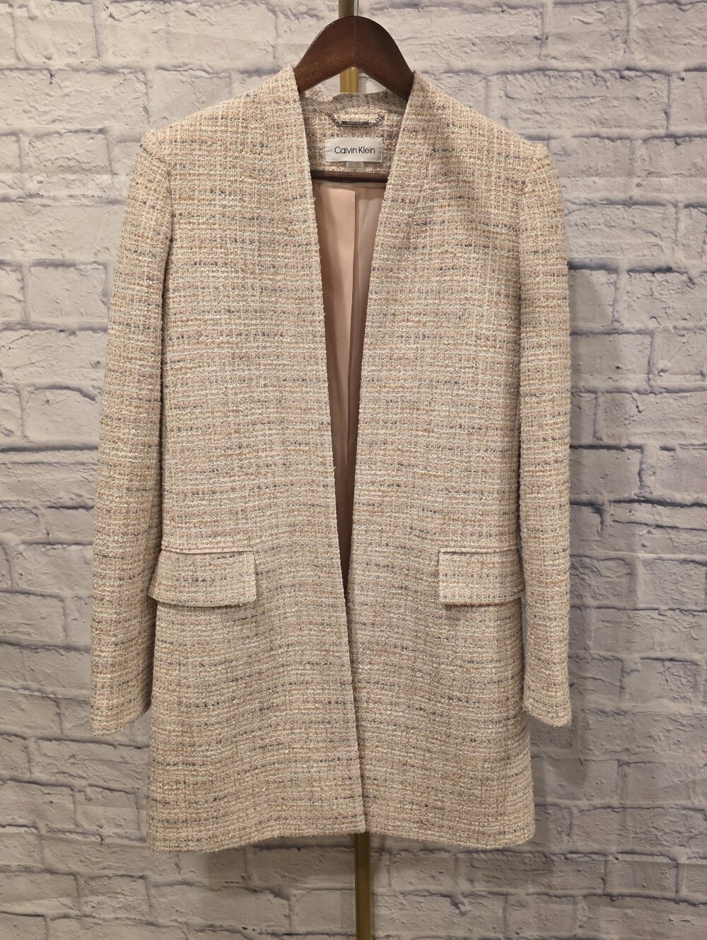 Calvin Klein Muave Pink & Cream Tweed Open Front Longline Blazer Coat - Size 2